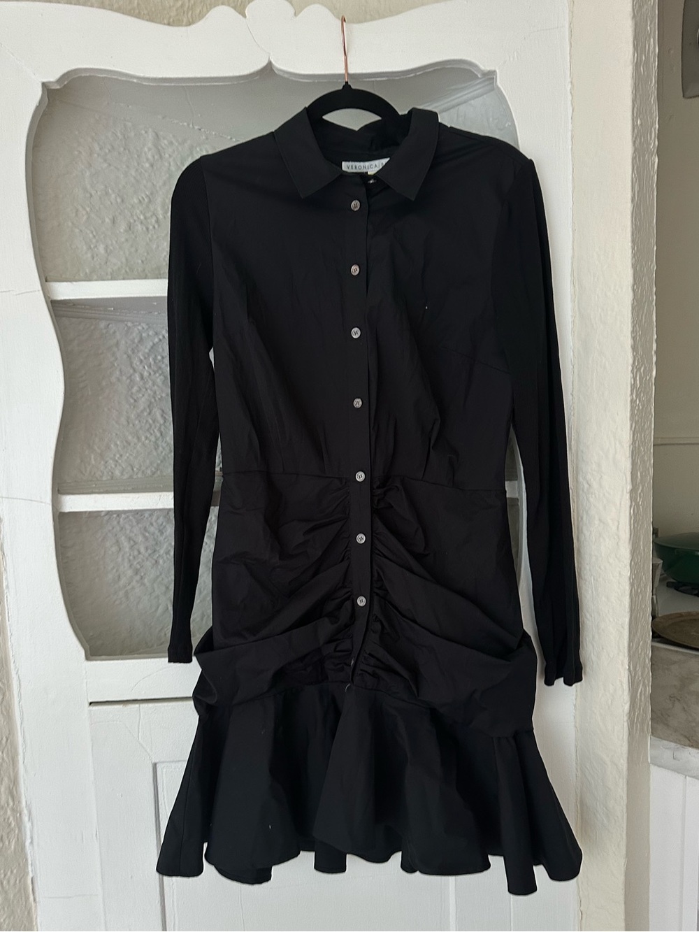 Veronica Beard Black Long-Sleeve Ruched Button-Front Dress